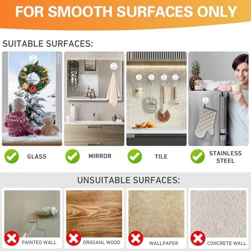 KORCCI Suction Cup Hooks 6Pack - Max Load 10LB, No Trace, Reusable & Removable, 1.77Inch Clear Medium Suction Cups, Stainless Steel Hooks, for Tile, Glass, Window, Shower, Kitchen, Bathroom, Decor