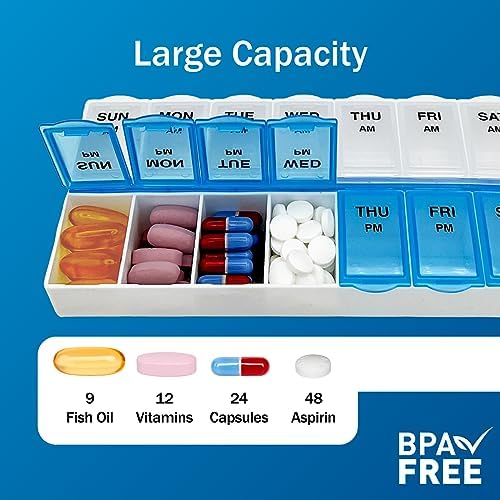 Amazon Basic Care 7-Day AM/PM Pill Organizer, Medication Planner with Large Compartments for Tablets, Blue and Clear Lids