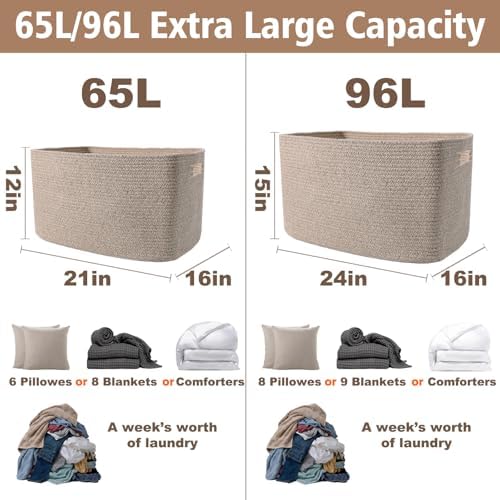 JMvicyroam 65L Large Woven Cotton Rope Blanket Basket, Oatmeal
