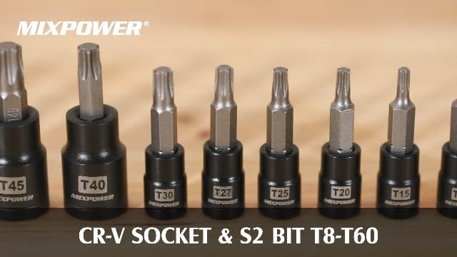 MIXPOWER 25 Piece Torx Bit and Socket Set, 13 Star Bits (T8- T60) & 12 E-Torx Sockets (E4-E22), Professional Grade Auto & Motorcycle Mechanic Set