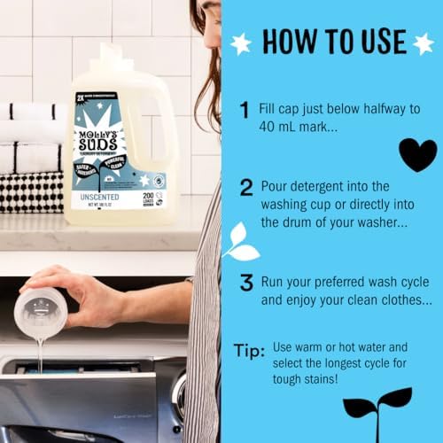 Molly's Suds Liquid Laundry Detergent | Clean Laundry Detergent Soap for Sensitive Skin | 2x Concentrated, High Efficiency (HE) | Peppermint - 100 Loads