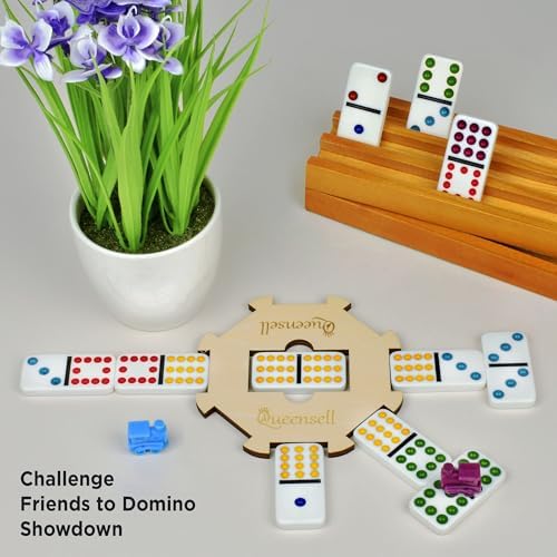 Queensell Mexican Train Dominoes Set with Wooden Hub, Domino Tile Board Games - Double 12 Dominos Set for Family Game Night for Adults and Kids Ages 8 and up (Double 12)