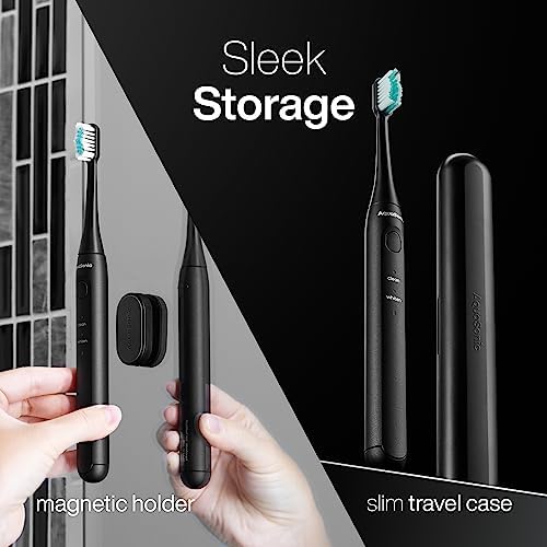Aquasonic Icon ADA-Accepted Rechargeable Toothbrush | Magnetic Holder & Slim Travel Case | 2 Brushing Modes & Smart Timers | Gentle Micro-Vibrations(Onyx)