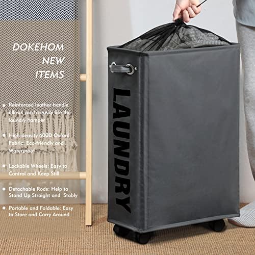 DOKEHOM 52L Slim Rolling Laundry Basket Hamper, Narrow on Wheels, Grey