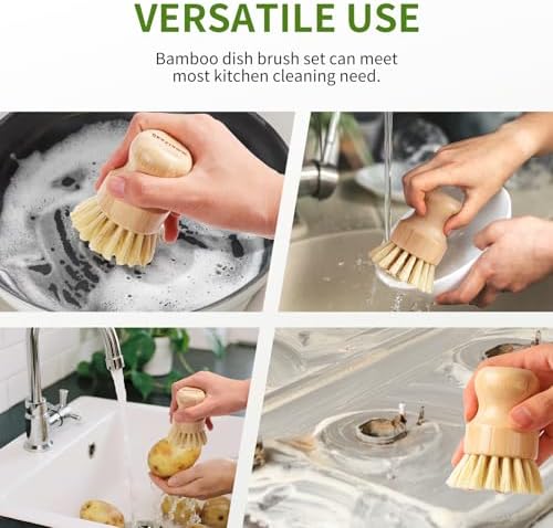 4 Pack Bamboo Dish Brush with Sisal Bristles for Kitchen Cleaning