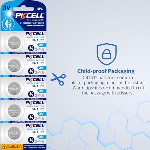 PKCELL CR1632 Battery 5 Pack CR1632 3V Lithium Coin Battery