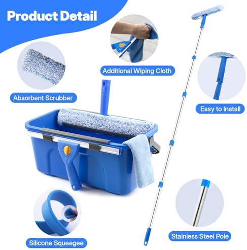 Window Cleaning Kit with Bucket, Squeegee and Scrubber for Home, Commercial