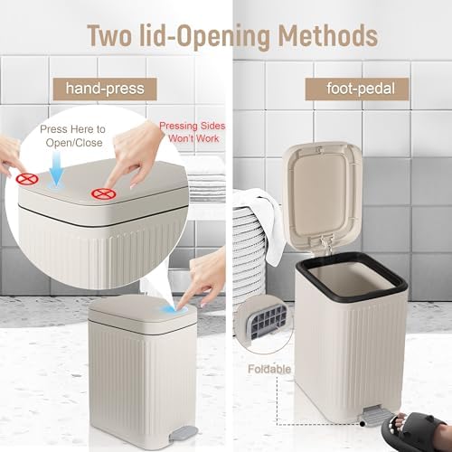 Small Bathroom Trash Can with Lid, 1.9 Gallon Slim Soft Close Step, Cream