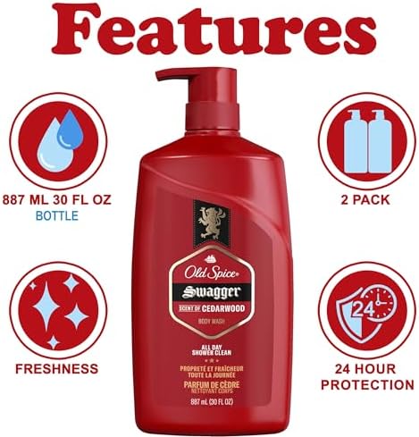Old Spice Swagger Body Wash, 2 Pack, Extra Large Man Sized Shower Gel for Men, Red Collection Cedarwood Fresh Scent, 30 oz. Each