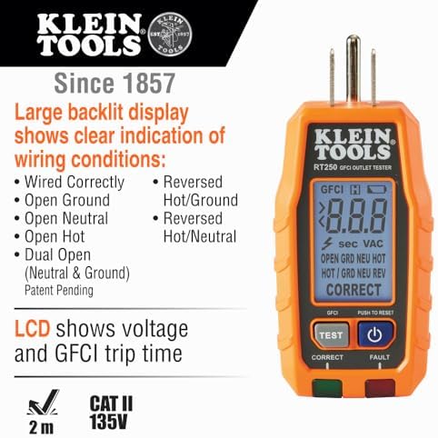 Klein Tools RT250 GFCI Outlet Tester with LCD Display, Electric Voltage Tester for Standard 3-Wire 120V Electrical Receptacles