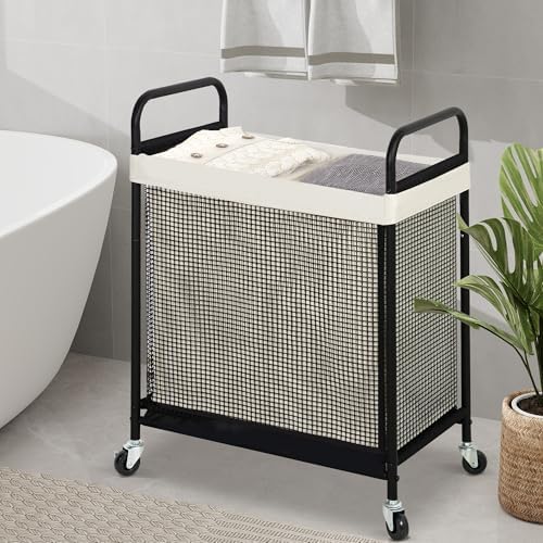 STO STO Laundry Hamper 2 Section, 100L Rolling Laundry Sorter Cart with Removable and Washable Liner Bag, Clothes Hamper with Wheels and Metal Handle for Laundry Room and Bedroom