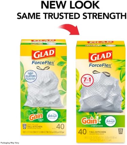 Glad ForceFlex Tall Kitchen Trash Bags, 13 Gallon, Gain Original, 40 Count (Package May Vary)