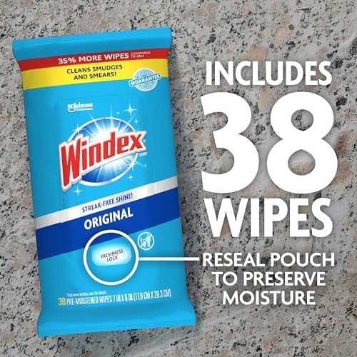 Windex Glass and Window Cleaner Wipes, Portable Cleaning, 38 Count