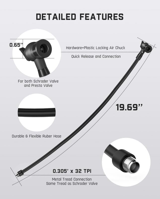 Fanttik Air Pump Hose Adapter, Extension Hose for Schrader and Presta Valve
