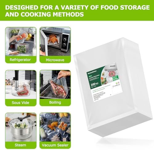 Bonsenkitchen Precut Vacuum Sealer Bags 200 Quart 8" x 12", BPA Free