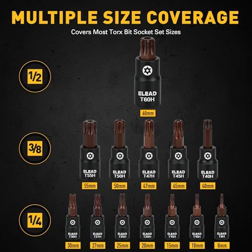 16-Piece Torx Bit Socket Set - Premium S2 Steel European Style T8-T60 with Socket Adapters, Star Bit Socket Set 1/4”, 3/8” and 1/2” Drive | Professional Mechanic Garage Tools