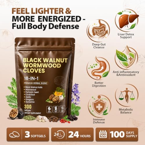 18-in-1 Wormwood Black Walnut Clove Herbal Cleanse Supplement |300 Softgels