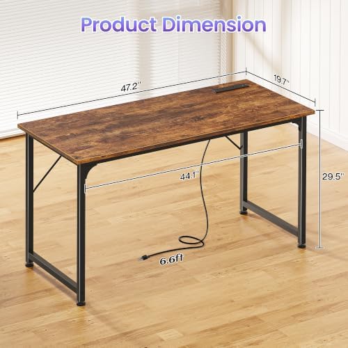 PRAISUN 47 X 20 Inch Computer Desk, Power Outlets, USB-C, Rustic Brown