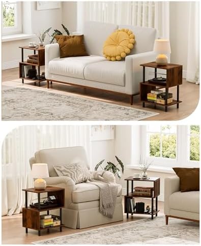 Frylr Side Table, Night Stand and End Table with Reinforced Metal Frame, 44 lb Capacity on Each Tier and Leveling Feet for Bedroom, Bedside, Living Room and Small Spaces, Rustic Brown