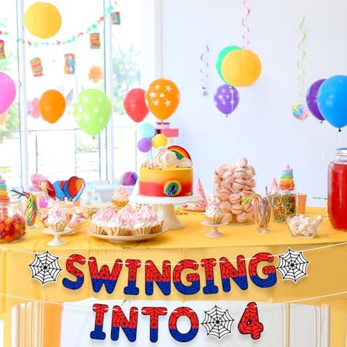 TaoBary Spider Theme 4th Birthday Banner Swinging into 4,Red and Blue