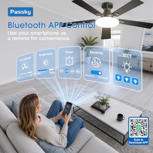 Passky 52 Inch Black Low Profile Ceiling Fans with Lights and Remote