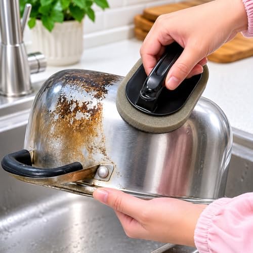 Black Magic Diamond Sponge Scrubber with Handle, Heavy Duty Stain & Rust Remover for Pots, Bowls, Utensils, Pans, Kitchen & Bathroom Cleaning,1 Pack