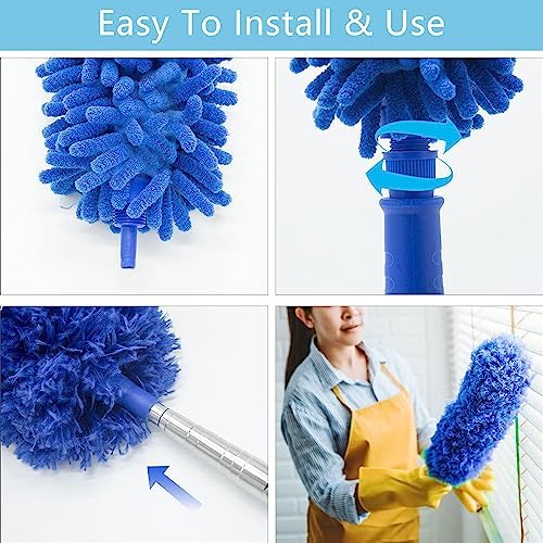 Buysenton Cobweb Duster with Extension Pole, Washable Cleaning Duster Kit with 3 Duster Heads, Cobweb Duster, Corner Brush, 15-100 Inch Long Aluminum Telescoping Pole for Ceiling Fan (Blue)