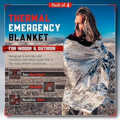 Emergency Blanket Mylar Thermal Space Survival Gear & Supplies 4-Pack Foil