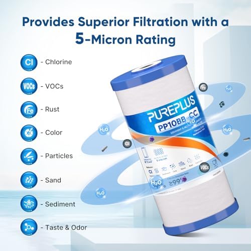 PUREPLUS 5 Micron 10"x4.5" Whole House Sediment & Carbon Water Filter,2PACK