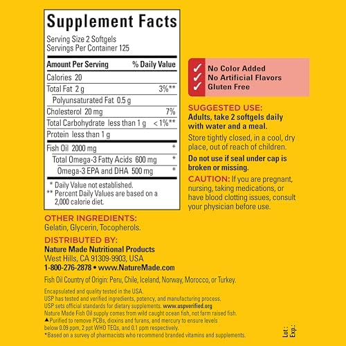 Nature Made Fish Oil Omega 3 Supplements, 1000mg Softgels, 250 Softgels
