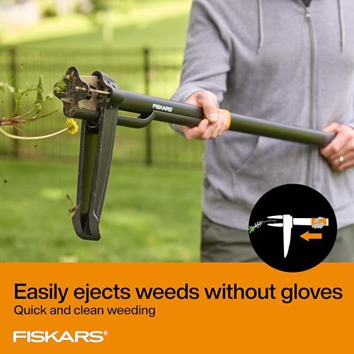 Fiskars Deluxe Stand-Up Weed Puller Tool, 4 Serrated Stainless Steel Claws
