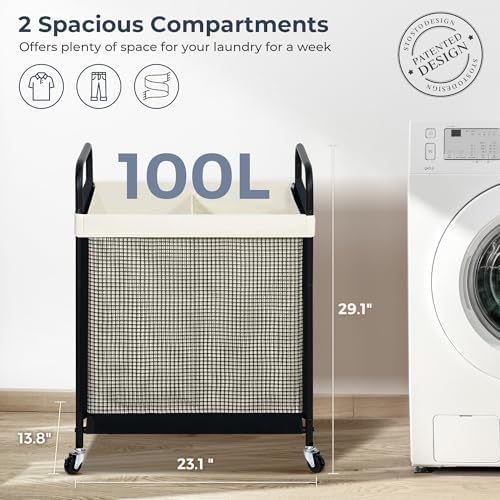 STO STO Laundry Hamper 2 Section, 100L Rolling Laundry Sorter Cart with Removable and Washable Liner Bag, Clothes Hamper with Wheels and Metal Handle for Laundry Room and Bedroom