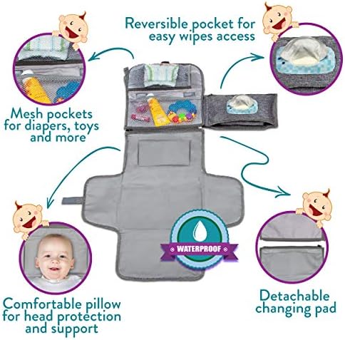 Kopi Baby Portable Diaper Changing Pad with Wipes Pocket, Classic Grey