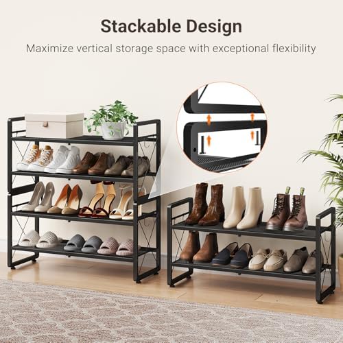 ELYKEN Expandable Shoe Rack for Closet, 2-Tier Metal Black Shoe Organizer