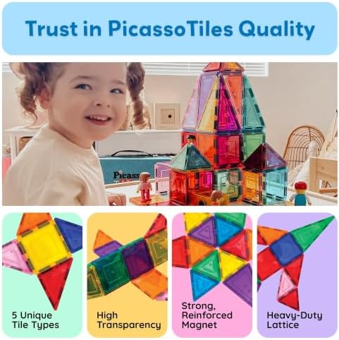 PicassoTiles 60 Piece Magnetic Tiles Clear 3D Building Blocks STEM Ages 3+