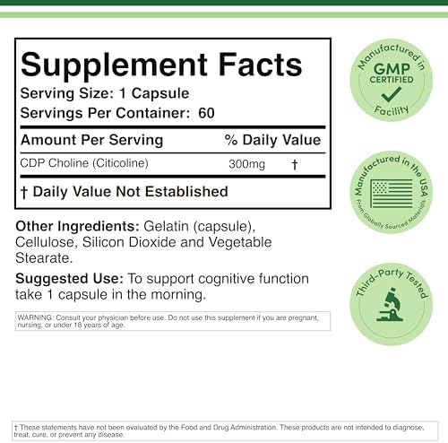 CDP Choline (Citicoline) 300mg, Memory, Focus & Mental Energy, 60 Ct