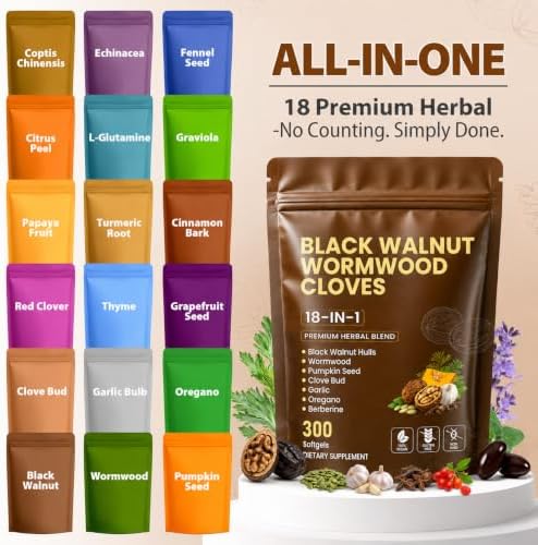 18-in-1 Wormwood Black Walnut Clove Herbal Cleanse Supplement |300 Softgels