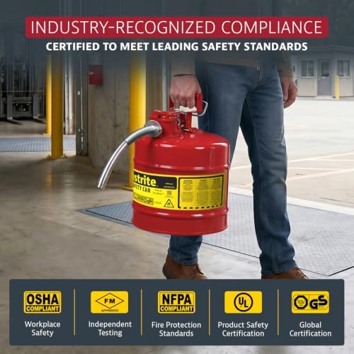 Justrite Type II Gasoline Safety Can, Red Galvanized Steel, FM Approved
