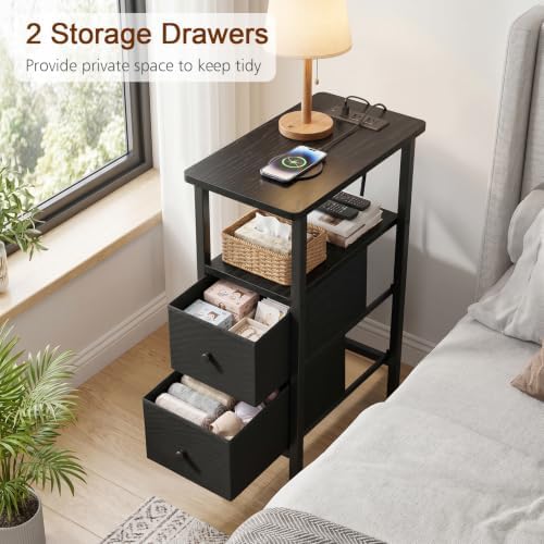 LOAKEKEL Narrow End Table with Charging Station, Small Nightstand