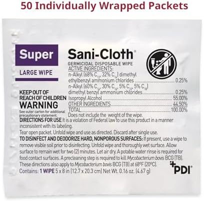PDI Super Sani-Cloth Germicidal Disposable Wipe, Large, Individual, 5" x 8"