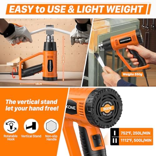 SEEKONE Heat Gun 1800W with 1112℉&752℉ 2 Temperature Settings for Crafting