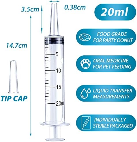 20ml Syringe for Liquid, Oral, Scientific Labs, Measurement, Dispensing, with Cap- 3 Pack 20ml Syringes