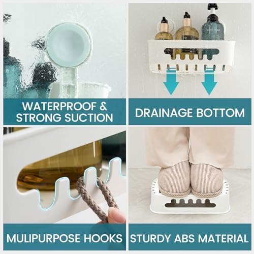 TAILI Shower Caddy Suction Cup 2 Pack, Heavy Duty Bathroom Organizer, Removable Shelves for Inside Shower, Shampoo, Waterproof Suction Plastic Storage for Bathroom Accessories Holder, White