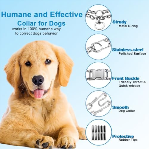Prong Collar for Dogs, Dog Training Collar for Small Medium Large Dogs | Dog Pinch Collar, Adjustable Size, No Pull, Quick Release Buckle, Hook 360° Swivel, High Quality, Extra Link and Rubber Cap