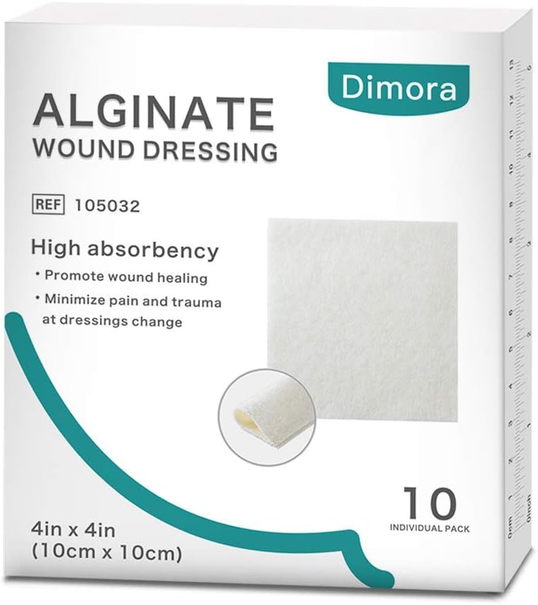Dimora Calcium Alginate Wound Dressing, 4'' x 4'' Patches,10 Individual Sterile Pads, Soft and Highly Absorbent Dressing Gauze, Non-Stick Padding