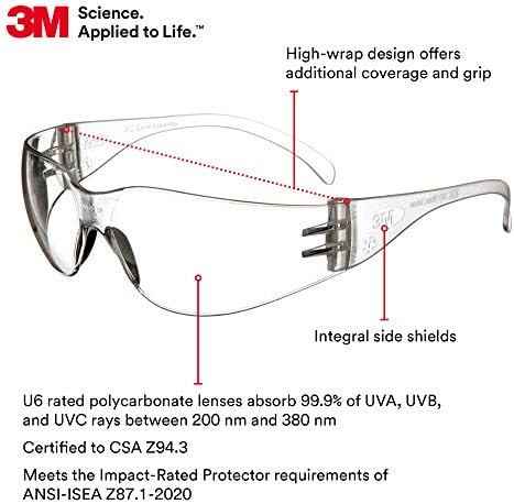 3M Safety Glasses, Virtua, Clear Lens, Clear Frame, ANSI Z87