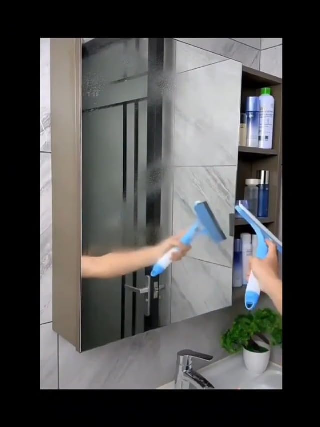 3-in-1 Window and Mirror Cleaner Tool, Bathroom Glass Scraper with Removable Washing Pad, Squeegee and Scrubber for Home Cleaning (Blue)