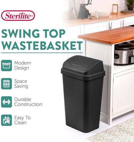 Sterilite Swing Top Wastebasket, Trash Can, 13 Gallon, Black, 4-Pack