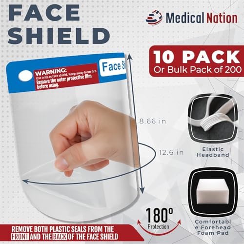 Medical Nation Face Shield | 10 Pack | Clear Plastic Full Face Shields