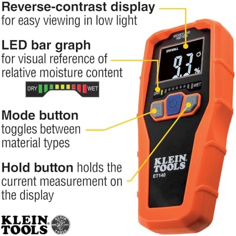 Klein Tools ET140 Pinless Moisture Meter for Non-Destructive Moisture Detection in Drywall, Wood, and Masonry; Detects up to 3/4-Inch Below Surface